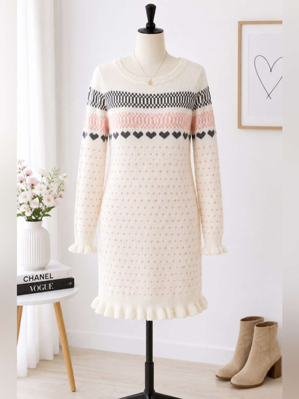 Hearts & Heels Ivory Pink Gray Heart Fair Isle Sweater Dress Size Large